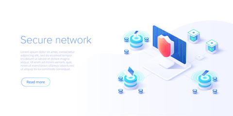 Wall Mural - Network data security isometric vector illustration. Online server protection system concept with datacenter or blockchain. Secure bank transaction with password verification via internet.