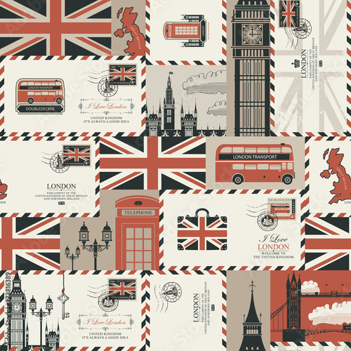 Dekoracja na wymiar  wektor-bezszwowe-tlo-na-temat-wielkiej-brytanii-i-londynu-z-kopertami-brytyjskimi-symbolami-zabytkami-architektury-i-flaga-wielkiej-brytanii-w-stylu-retro-moze-byc-uzywany-jako-tapeta-lub-papier-do-pakowania