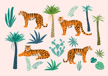 Set Of Tigers And Tropical Leaves. Trendy Vector Illustration.