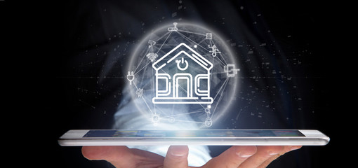 Poster - businessman holding smart home interface with icon, stats and data 3d rendering