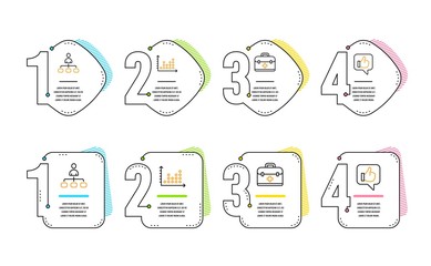 Poster - Management, Dot plot and First aid icons simple set. Like sign. Agent, Presentation graph, Medicine case. Thumbs up. Business set. Infographic timeline. Line management icon. 4 options or steps