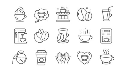 Poster - Coffee line icons. Beans, hot cocktail and coffee maker machine. Espresso cup, cappuccino with whipped cream line icons. Latte vending machine and roasted beans. Linear set. Vector