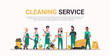 janitors team cleaning service concept male female mix race cleaners in uniform working together with professional equipment flat full length horizontal copy space