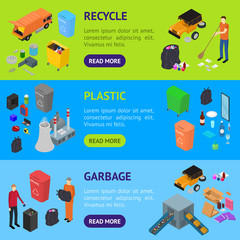 Poster - Garbage Recycling Signs 3d Banner Horizontal Set Isometric View. Vector