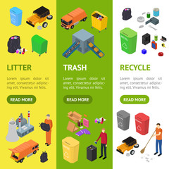 Poster - Garbage Recycling Signs 3d Banner Vecrtical Set Isometric View. Vector