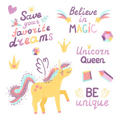 Wall Mural - Set of fantasy unicorn, crystal, crown and lettering