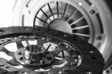 Wall Mural - Close-up shot of clutch disk and basket on dark background