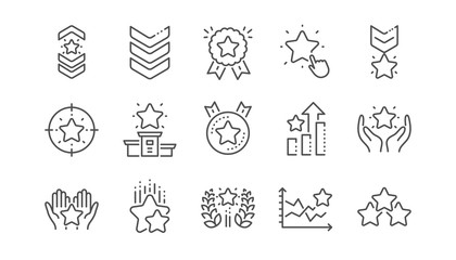 Poster - ranking line icons. first place, star rating and winner medal. shoulder strap, army achievement and 