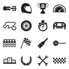 Formula 1 Icons. Black Flat Design. Vector Illustration.