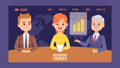 Anchor stock market courses banner website design vector illustration. Breaking news on Television. TV presenters man and woman. News announcers with paper script on news desk in studio