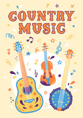 Vector hand draw illustration with guitar, violin and banjo. Bright banner for country music. Country Cowboy Live Music Festival. Event Creative Poster Concept.