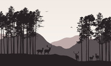 Realistic Illustration Of Mountain Landscape With Coniferous Forest. Deer Herd Grazes Under Retro Color Sky, Vector