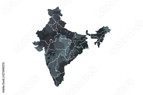 Cuadros en Lienzo India watercolor map vector illustration in black color with different regions o