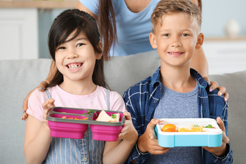 Sticker - Little children with lunch boxes before school