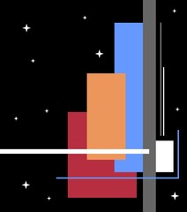 Poster - Colorful geometric figures with the black sky and white stars on the background. Abstract shapes and forms in space