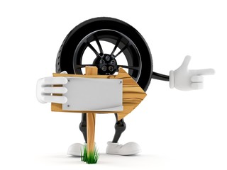 Poster - Car wheel character with wooden arrow sign