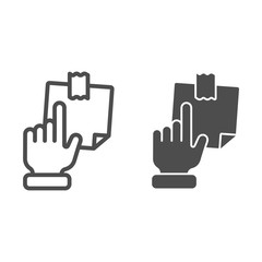 Poster - Hand pointing at sticky note line and glyph icon. Finger pointing to paper sticker vector illustration isolated on white. Notepaper outline style design, designed for web and app. Eps 10.