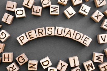 Fototapete - the word persuade wooden cubes with burnt letters, to persuade person in a dispute, gray background top view, scattered cubes around random letters