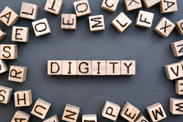 Fototapete - the word digity wooden cubes with burnt letters, gray background top view, scattered cubes around random letters