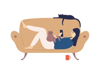 Young woman holding smartphone, lying on sofa with her cats and surfing internet. Funny girl spending time with her domestic animals. Cute lady relaxing at home. Flat cartoon vector illustration.