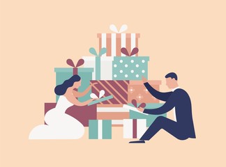 Wall Mural - Happy funny newlywed couple open gift boxes after wedding ceremony or party. Adorable bride and groom and pile of presents isolated on light background. Flat cartoon colorful vector illustration.