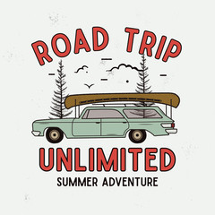 Wall Mural - Road Trip Summer Adventure Graphic for T-Shirt, prints. Vintage hand drawn camp emblem. Retro travel scene with trees, unusual badge. Outdoor Label. Stock vector