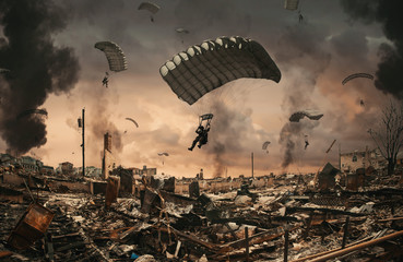 Wall Mural - Military forces with parachute between smoke in sky in destroyed city