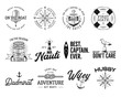 Set of nautical logos, marine badges, maritime and sea ocean style quotes with an anchor, life buoy ring, compass, wind rose and ships steering wheel isolated on white. Stock vector for t shirt prints