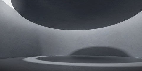 Poster - Abstract of concrete space with sun light cast the round roof shadow on the wall and floor,Idea of architecture design,3d rendering