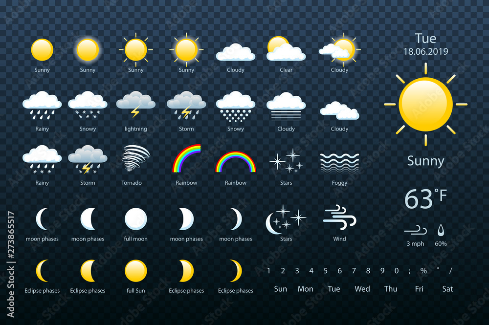set weather icons. All icons for weather with sample of use. vector, eps 10. - obrazy, fototapety, plakaty 