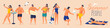 Summer holidays. People in swimming suit in different situations on the beach. Flat design illustration.