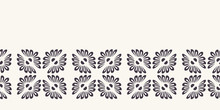 Hand Drawn Floral Mosaic Tile Shapes Border. Repeating Geo Flower Background. Monochrome Surface Design Textile Banner Edging. Modern Daisy Black White Ribbon Trim. Seamless Vector Daisy Washi Tape.