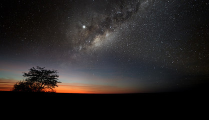 First hint of dawn in Kgalagadi Transfrontier Park, Africa. Orange horizon with stars and milky way. Dawn in a deserted savanna. African night landscape. Peaceful and quiet place. Camping in Africa.