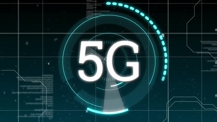 Poster - Program codes and 5G written in the middle of a futuristic circles