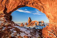 Sunrise Of North Window Arch And Turret Arch After Snow In Arches National Park
