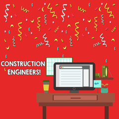 Poster - Word writing text Construction Engineers. Business photo showcasing discipline that deals with designing and planning photo of Interior Working Space Station Concept of Technical Person