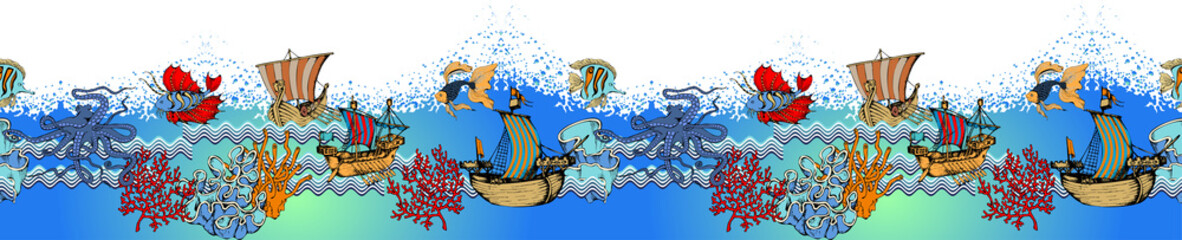 Plakat łódź natura ryba woda sztuka