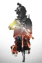 Special Forces Soldier With Rifle. SWAT Team Members , Double Exposure