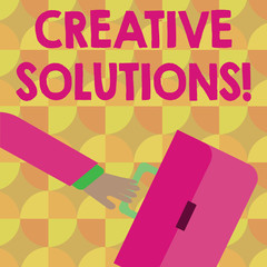 Fototapete - Handwriting text Creative Solutions. Conceptual photo mental process of creating unique solutions to problem Rushing Businessman Arm Swayed Farther Back and Hand Holding Color Briefcase