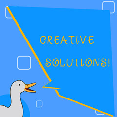 Fototapete - Word writing text Creative Solutions. Business photo showcasing mental process of creating unique solutions to problem photo of Duck Speaking with Uneven Shape Blank Blue Speech Balloon