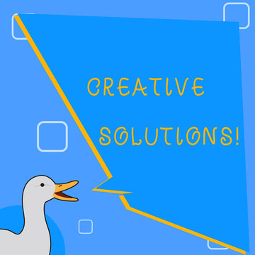 Word writing text Creative Solutions. Business photo showcasing mental process of creating unique solutions to problem photo of Duck Speaking with Uneven Shape Blank Blue Speech Balloon