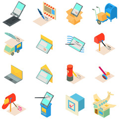Poster - Mail service icons set. Isometric set of 16 mail service vector icons for web isolated on white background