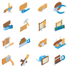 Poster - Woodwork icons set. Isometric set of 16 woodwork vector icons for web isolated on white background