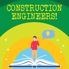 Poster - Handwriting text writing Construction Engineers. Conceptual photo discipline that deals with designing and planning Man Standing Behind Open Book, Hand on Head, Jagged Speech Bubble with Bulb