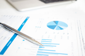 Poster - Close up of the pen on the graph of the business worker at the modern white desk. Financial accounting concepts.