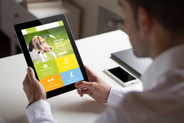 Sticker - businessman pet website with tablet pc