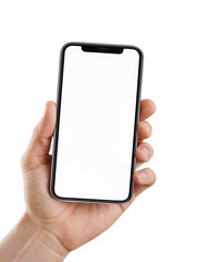 Poster - Male hand holding blank smart phone isolated on white background with clipping path for the screen