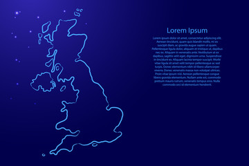 Leinwandbilder - Great Britain map from the contour blue brush lines and glowing stars on dark background. Vector illustration.
