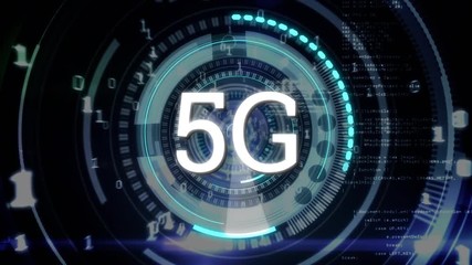 Poster - 5G written in the middle of a futuristic circles and binary codes