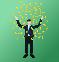 Wall Mural - Happy businessman standing under money rain , success concept